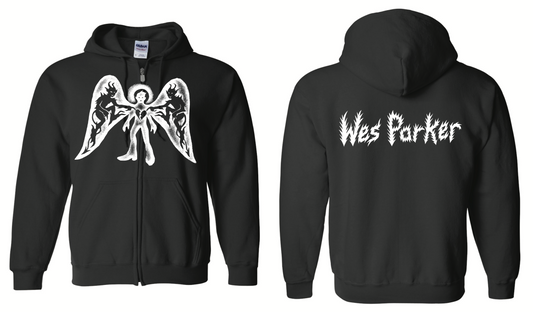 Black hoodie with angel design on front and 'Wes Parker' text on back, on a white background